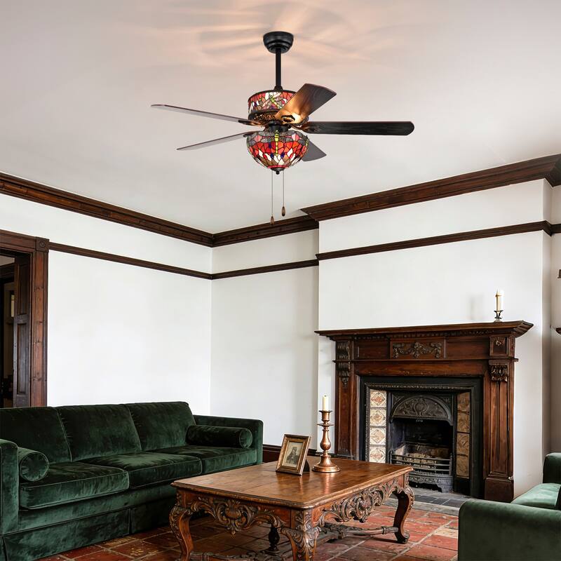 Jalev 6-Light Dragonfly Tiffany 5-Blade 52-Inch Matte Black Ceiling Fan