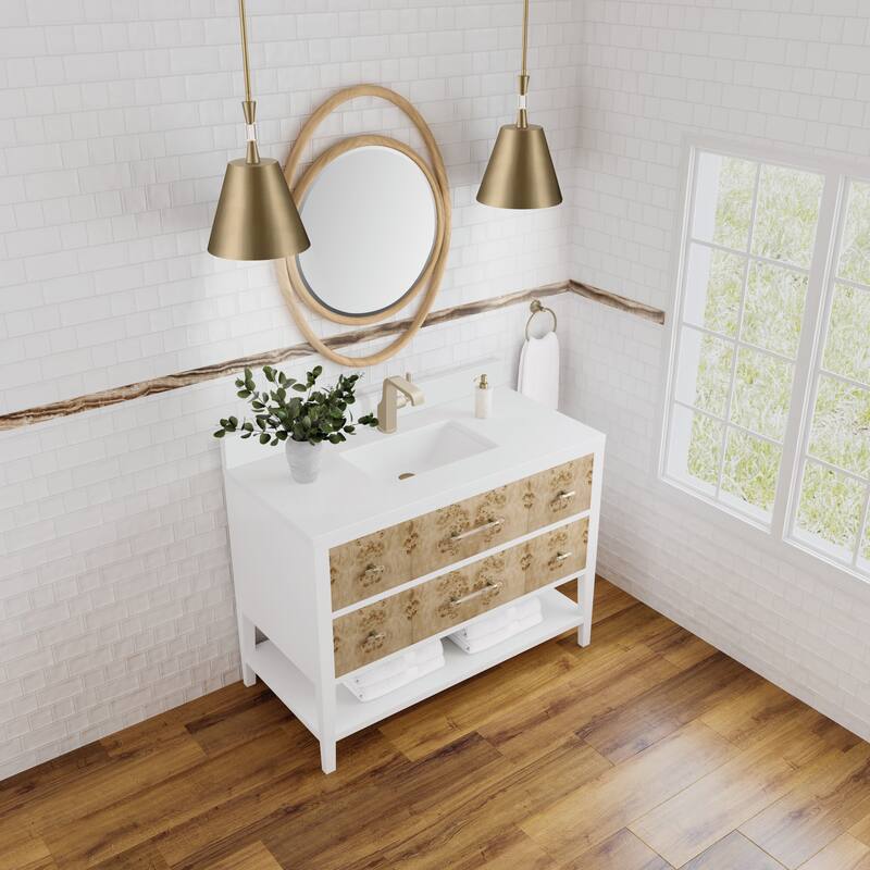 James Martin Vanities Olena 48" Single Vanity, Light Mappa Burl and Polished White - White Zeus - Single Hole