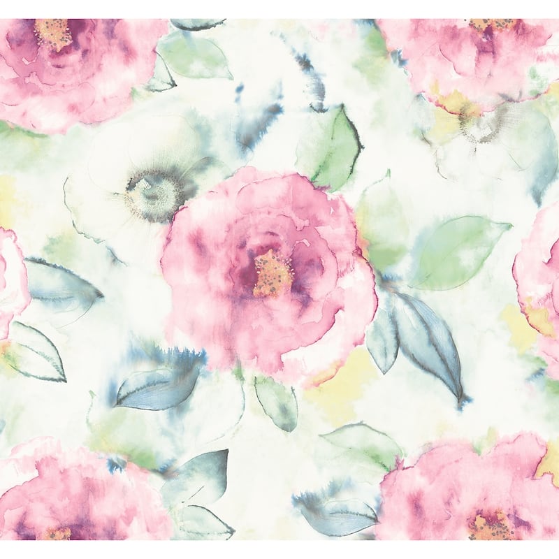Seabrook Designs Kamella Watercolor Floral Unpasted Wallpaper - 27 in. W x 27 ft. L - Metallic Bubblegum & Sprig