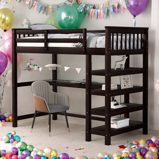 Twin Size Loft Bed With Storage Shelves And Under-bed Desk for Home