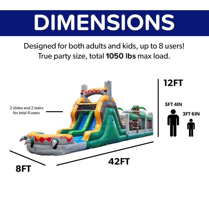 HeroKiddo T-Rex Adventure 42' Inflatable Obstacle Course with Water Slide - Commercial Grade, Wet & Dry Play (Blowers Included)