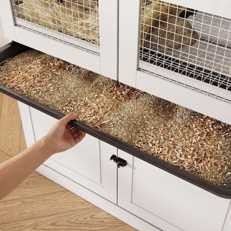 Modern Bird Cage Cabinet with Storage Base, White Wooden Aviary with DIY Wire Grid & Easy Clean Tray for Parakeets