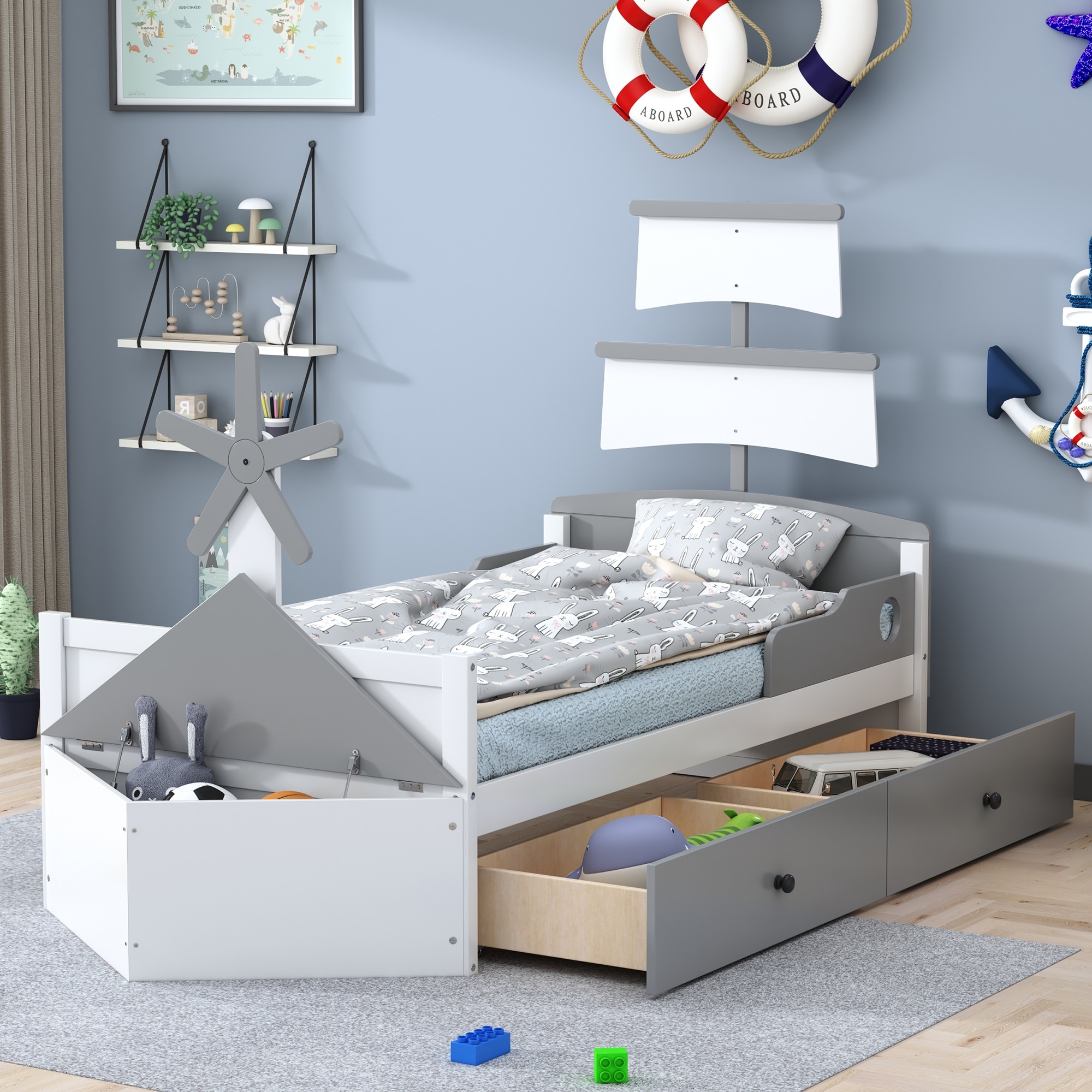 Boat-Shaped Platform Bed with Drawers, Kid's Bed with Storage