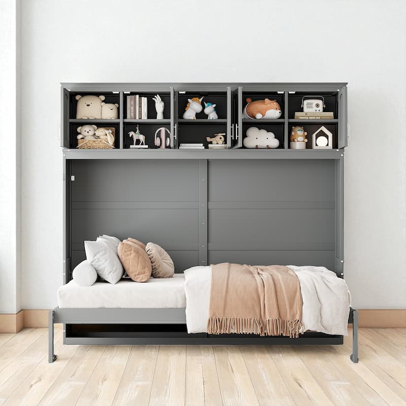 Queen Size Murphy Wall Bed with Top Cabinets, Space Saving Cabinet Bed with Storage, No Box Spring Needed