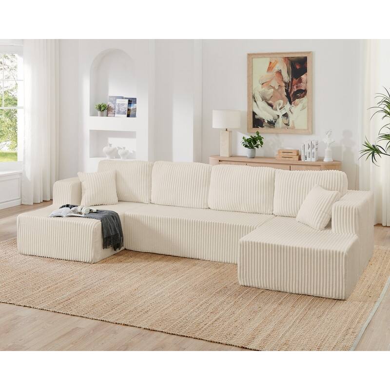 Modern Minimalist U-Shaped Modular Corduroy Sectional Sofa - Compressed, Space-Efficient Sleeper Couch for Living Room & Bedroom
