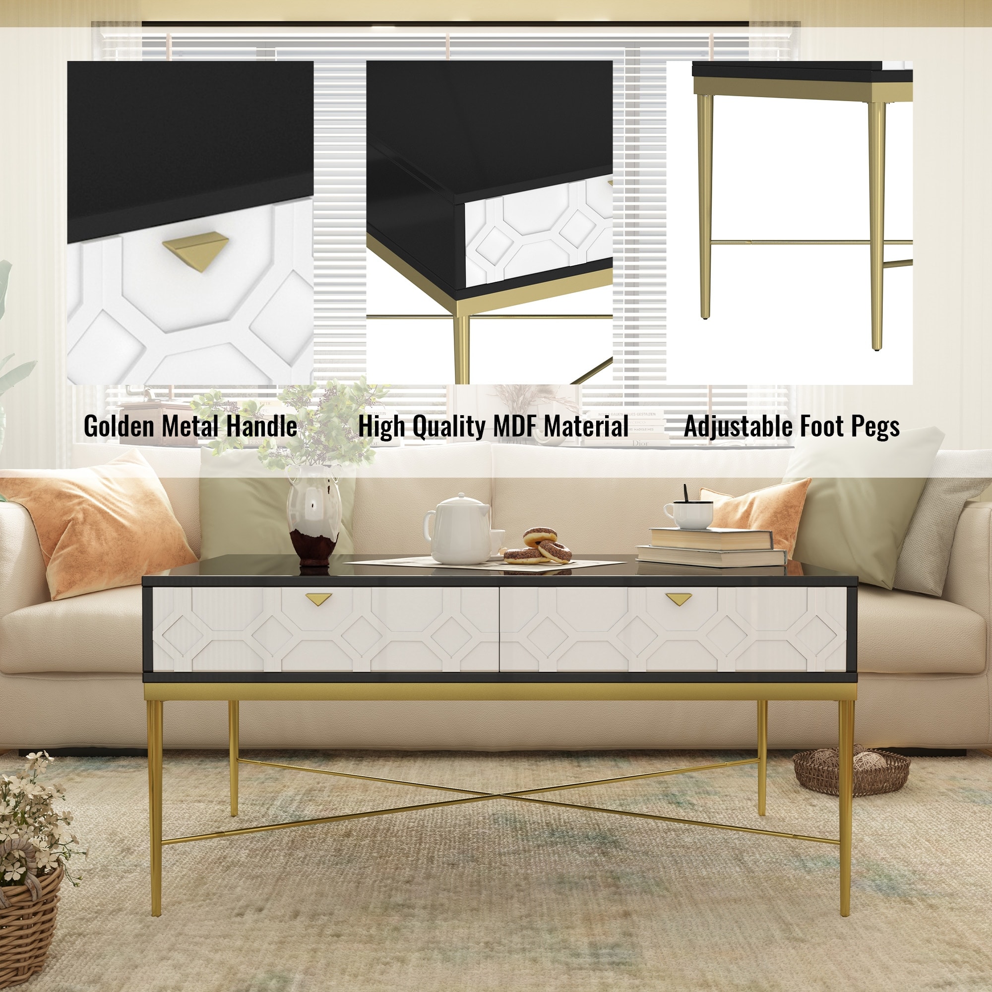 Modern Coffee Table Storage Table with X-Shaped Metal Leg, Center Table End Table with 2 Hidden Drawers