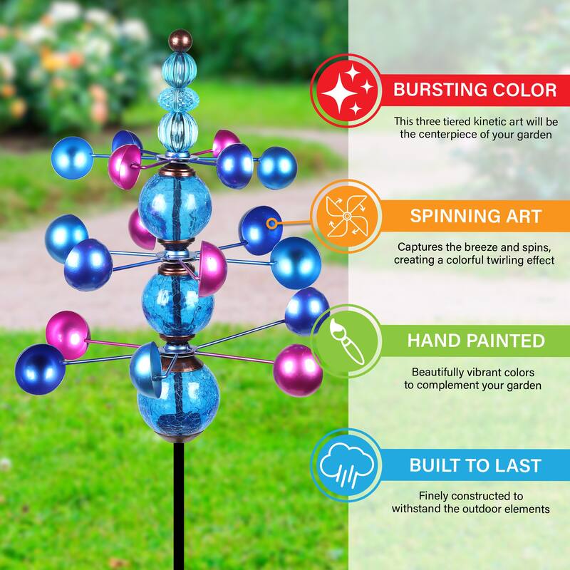 Exhart Three Tier Wind Spinner Garden Stake with Glass Crackle Balls, 14 by 48 Inches