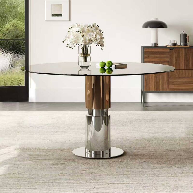 35-Inch Round Glass Dining Table, Tempered Glass Tabletop, Stainless Steel Legs, Suitable for 2-4 People - Brown