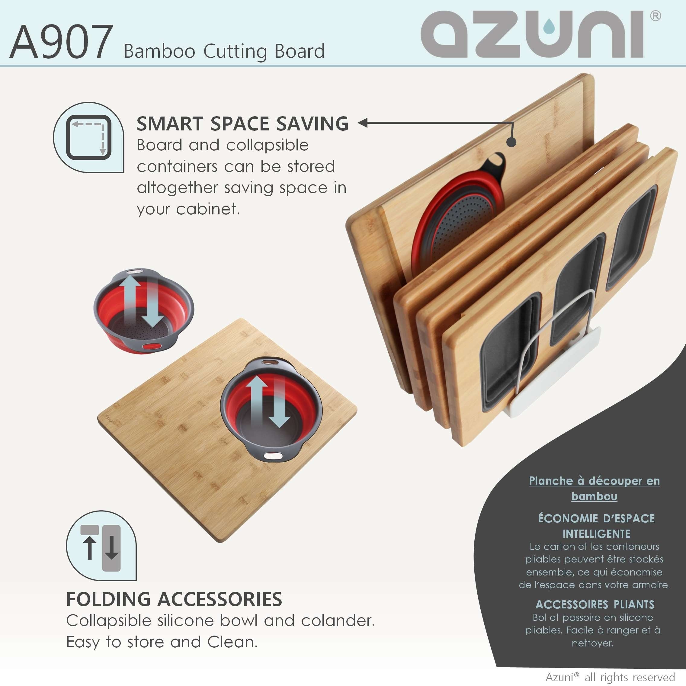 Azuni 16.75 inch Workstation Sink Bamboo Cutting Board Set with 1 Collapsible Container - 16.75 x 8.5 - Bamboo Wood