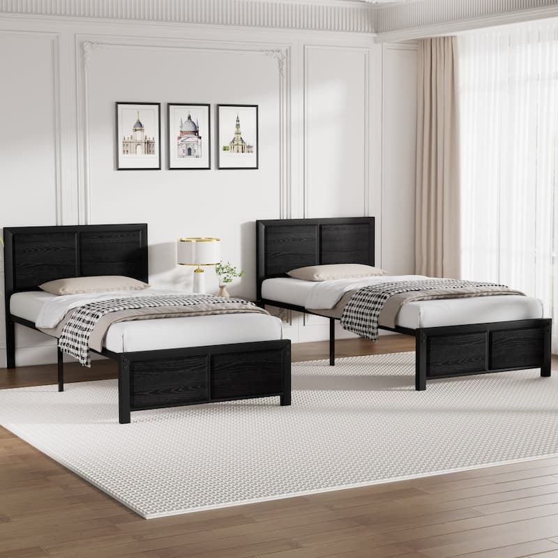 VECELO Set of 2 Platform Twin Beds 12.6" Elevated Storage Space MDF Partitioned Headboard & Footboard No Box Spring Needed