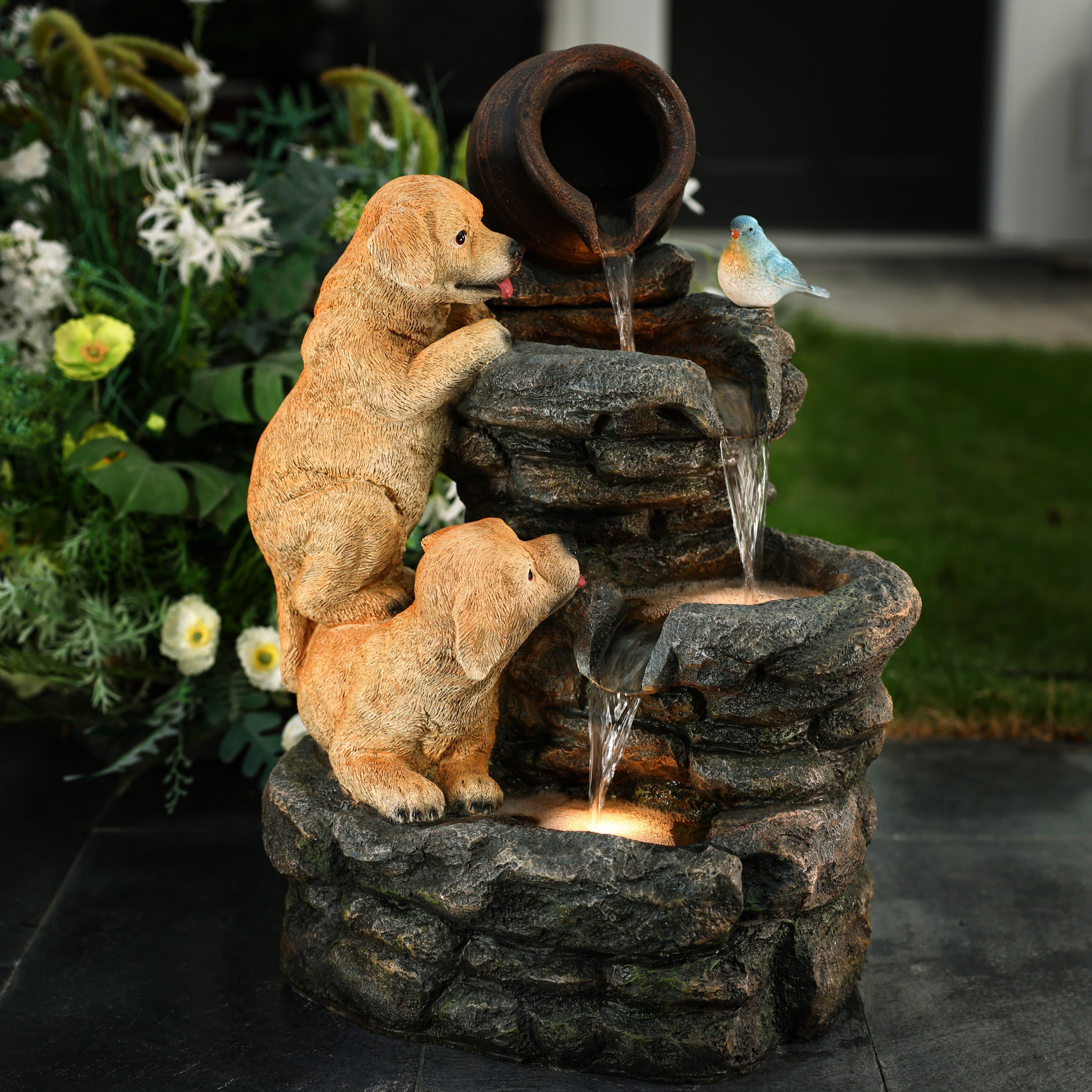 Puppy Rock Tower Farmhouse Resin Outdoor Fountain with Lights