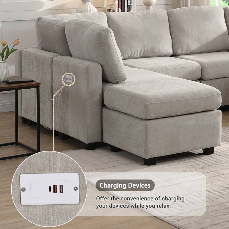 Modern Modular Sectional Sofa with Movable Ottomans and USB Ports for Versatile Seating in Contemporary Living Spaces