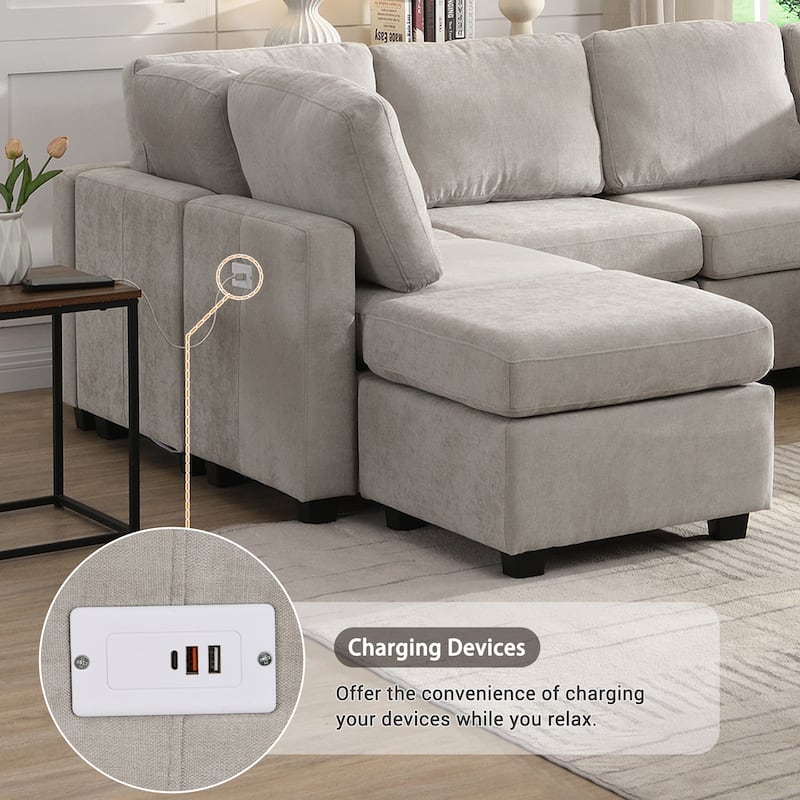 Versatile 103'' U-Shaped 6 Seater Sectional Sofa with Dual Movable Ottomans and 3 USB Charging Ports for Living Room