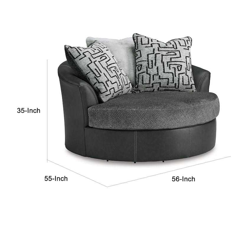 Burt Swivel Oversize Accent Chair w Pillows, Gray Fabric, Faux Leather