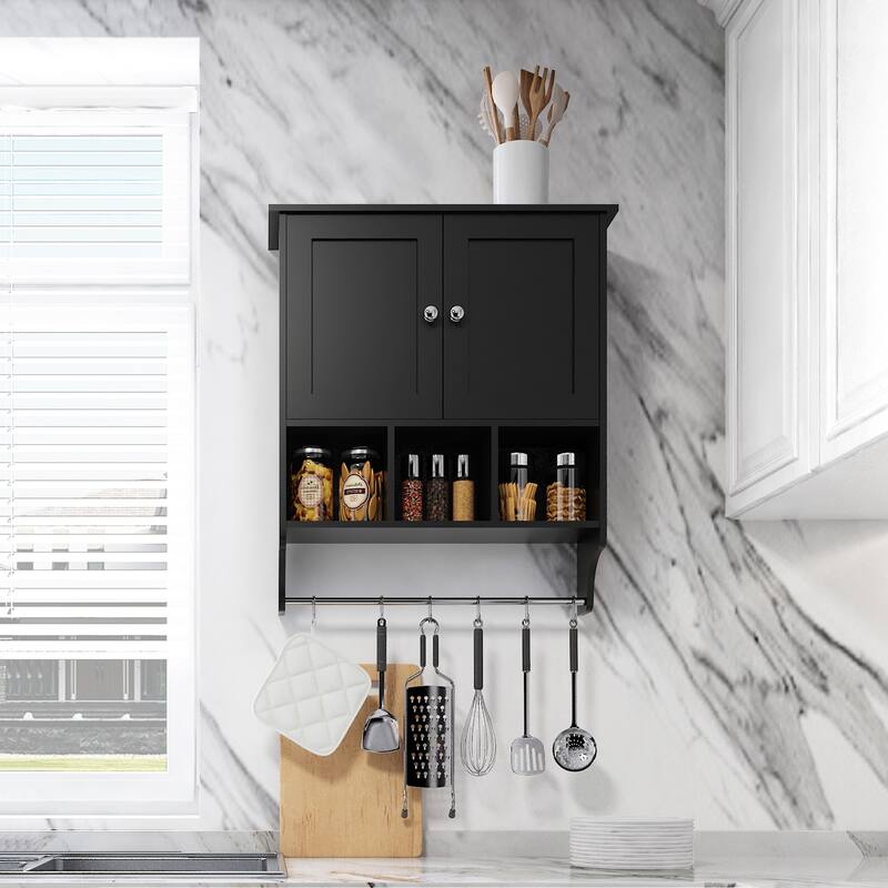 Anmytek Wall Mounted Storage Cabinet Black Modern Kitchen Bathroom Organizer with Hanging Bar