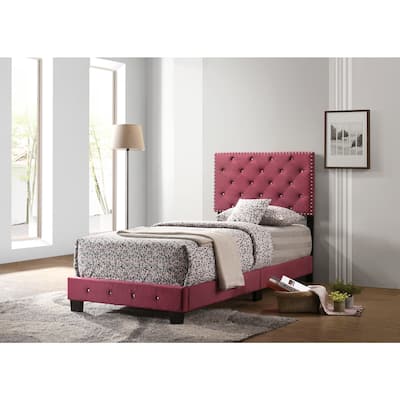 Twin Bed Frame Velvet Upholstered, Renaissance Style Bed, Cherry Finish