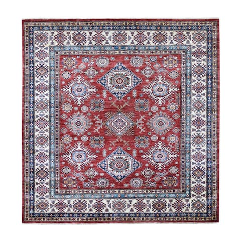 Shahbanu Rugs Pure Wool Red Super Kazak Tribal Design Hand-Knotted Oriental Square Rug (6'1" x 6'3") - 6'1" x 6'3"