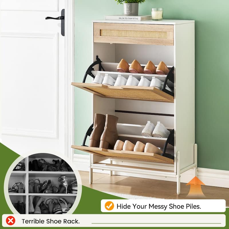 Natural Rattan 2 Flip Door with 1 Drawer Shoe Cabinet Organizer Freestanding, Modern Shoe Rack Storage Organizer - 24x9.4x40.3in