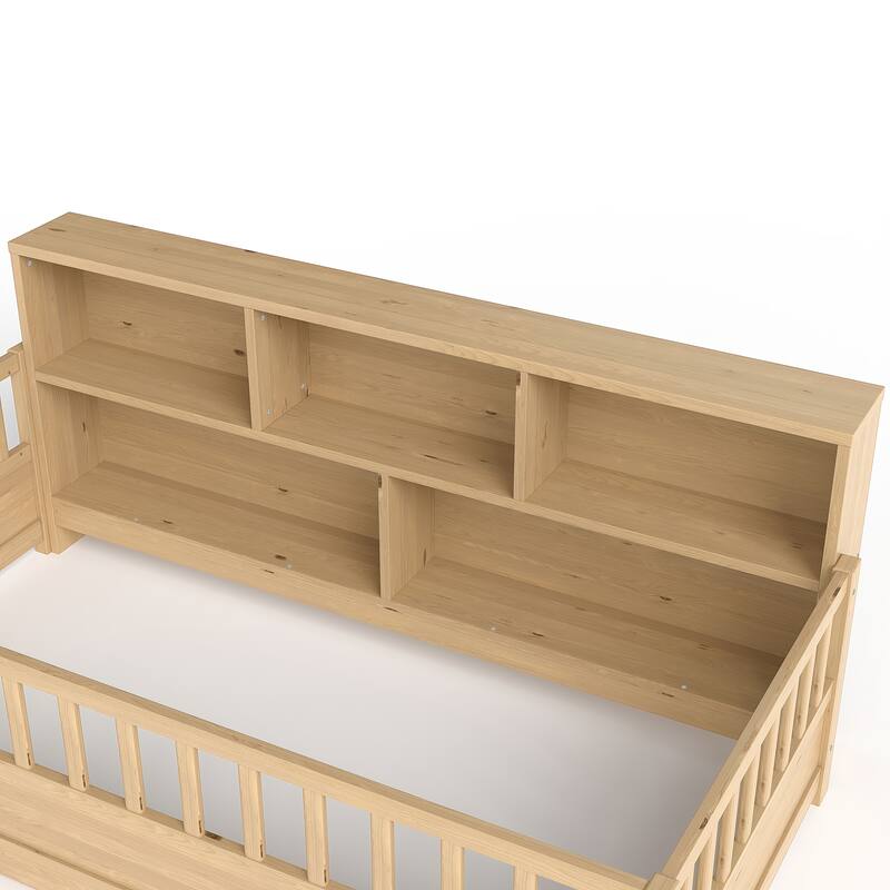 Wooden Floor Bed Frame with Fence Guardrail & Side Storage, Low Profile Kids Bed (Full/Twin)