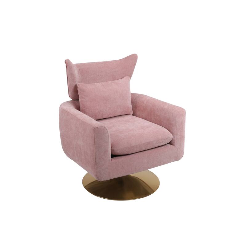 Swivel Accent Chair with Pillow Wide Upholstered & Gold Base, Modern Barrel Chair, 360-degree Swivel Sofa Chair for Living Room