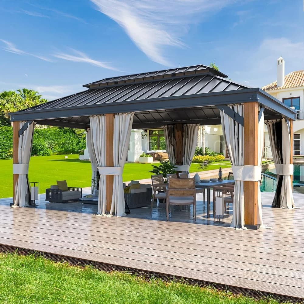 Premium Outdoor Gazebo Pergola with Galvanized Steel Roof, Wooden Coated Aluminum Frame, Privacy Curtains, and Nettings Included