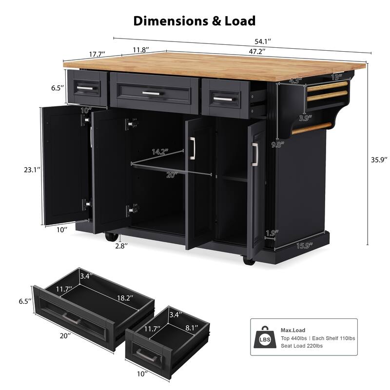 Roomfitters 54" Rolling Kitchen Island with Drop Leaf, Mobile Cart with 3 Drawers, Embossed Panels & Soft Close Doors, Black