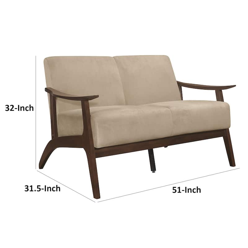 Rica 51 Inch Loveseat, Curved, Soft Beige Velvet, Walnut Brown Solid Wood