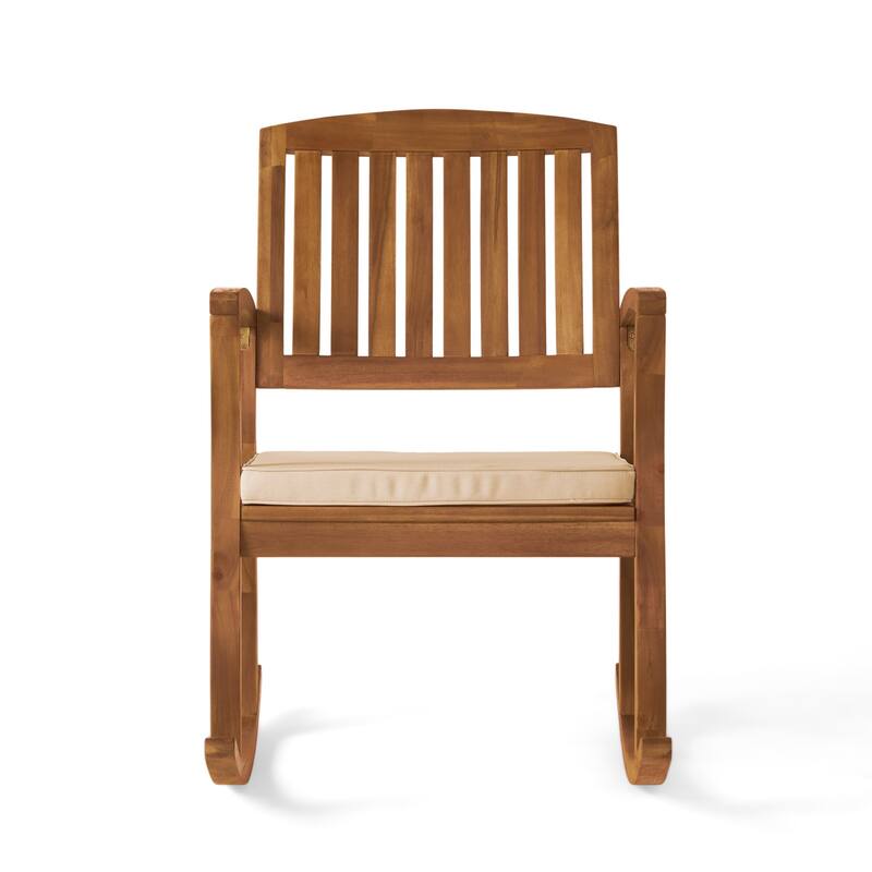 Bang Outdoor Rocking Chair w Cushion, Slatted Back, Brown Acacia Wood