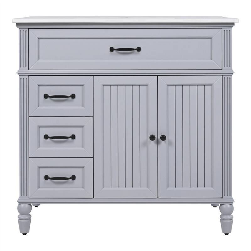 36" Bathroom Vanity with Ceramic Sink Top, Freestanding Bathroom Vanity Cabinet with 2 Doors and 2 Storage Drawers