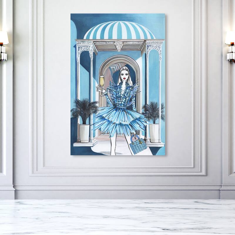 Wynwood Studio Fashion and Glam Girl in a blue dress Blue and Celeste Glam Wall Art Canvas Print - 54 x 36