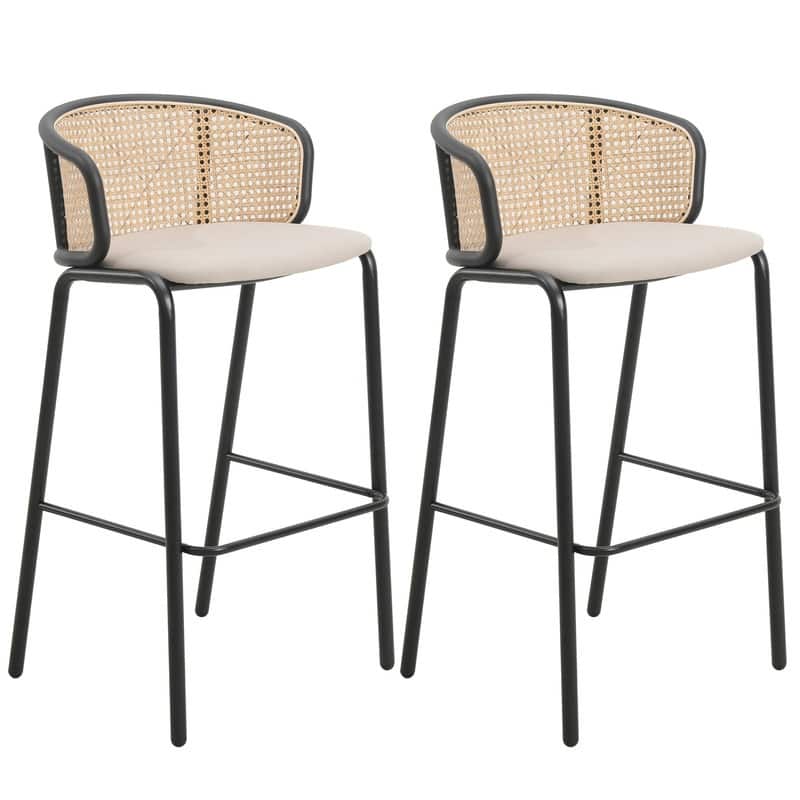 Ervilla Mid-Century Modern Low-Back Wicker Bar Stool and Black Powder-Coated Steel Frame for Kitchen and Dining, Set of 2 - 37"