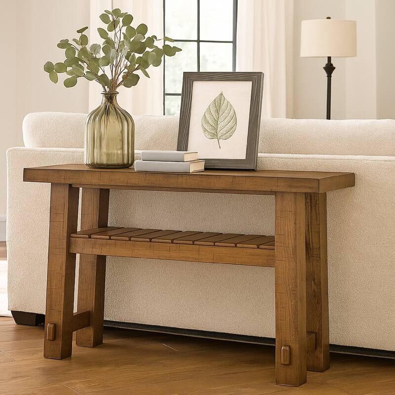 Ack Sofa Console Table, Slatted Shelf, Block legs, 48 Inch Brown Wood