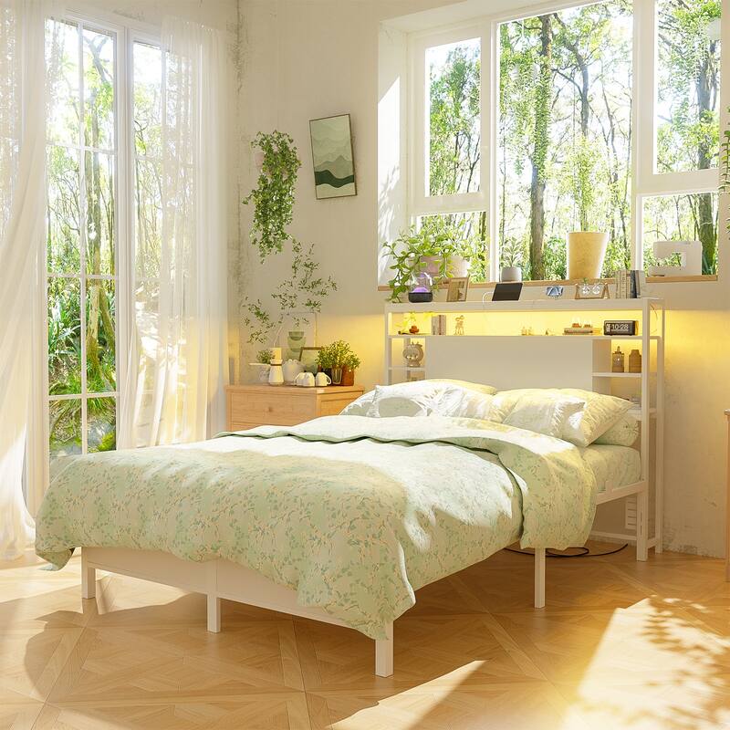 Headboards with Storage Shelves, Head Board with Power Outlet and LED Light for Bed Frame