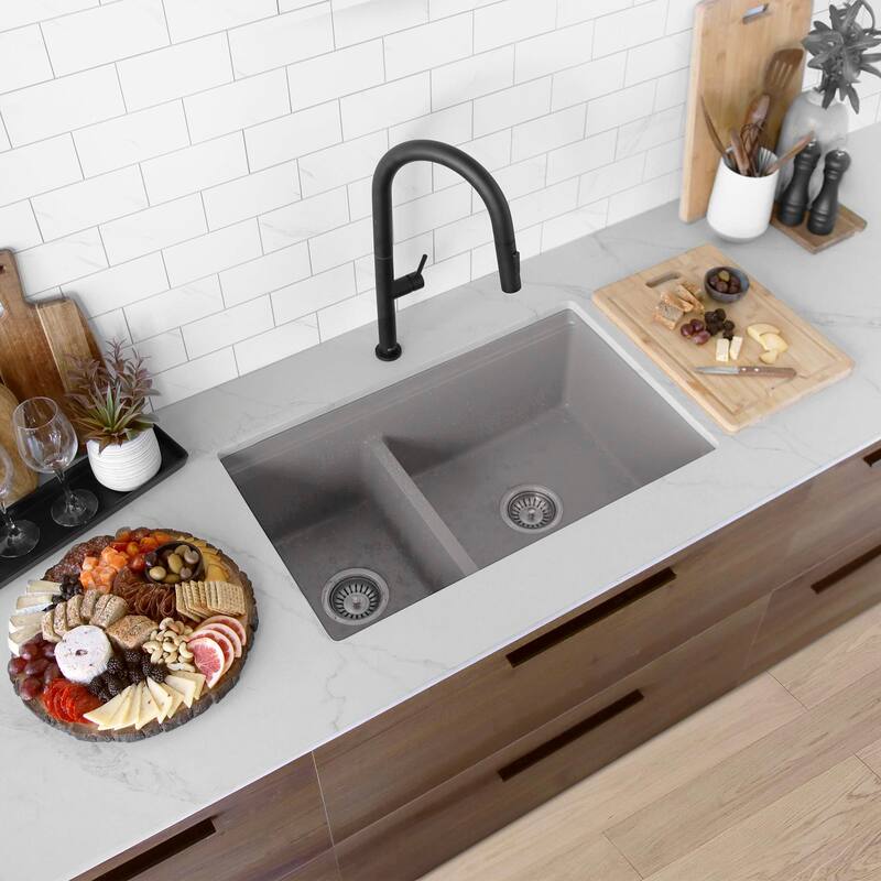 Composite Granite Dual-Mount 30" Double-Bowl kitchen Sink - 30" x 18" x 9.50" - Gray