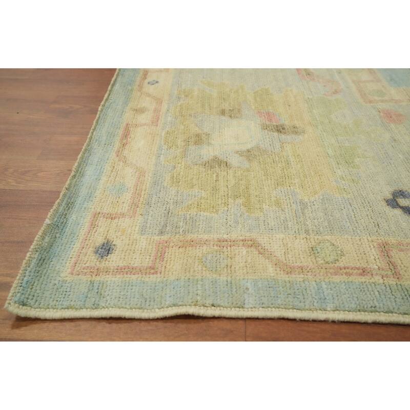 Vegetable Dye Blue Oushak Turkish Area Rug, Floral Geometric Carpet - 12' 0'' X 9' 3''