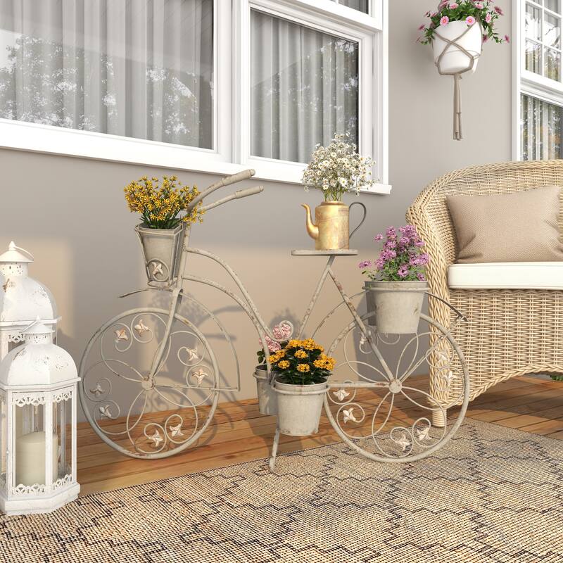 Gray Metal Distressed Indoor Outdoor Scroll 3 Tier Bike Indoor Outdoor Plantstand with Fleur De Lis Wheels