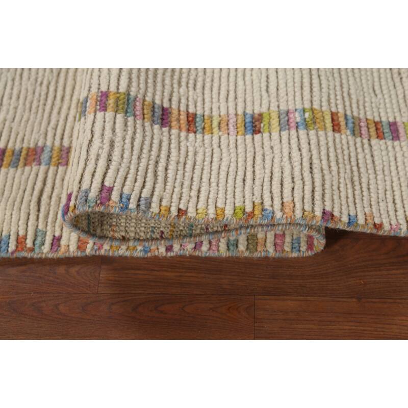 Ivory Moroccan Area Rug Hand-Knotted Stripe Wool Carpet - 4'11"x 8'8"