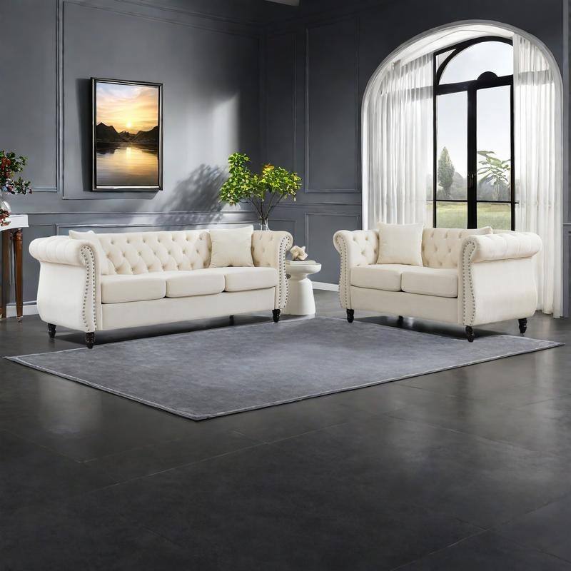 2-Pieces Chesterfield Velvet 3+2-Seater Combination Sofa Set with Nailhead Trim, Tufted Design, and Removable Cushions - Beige