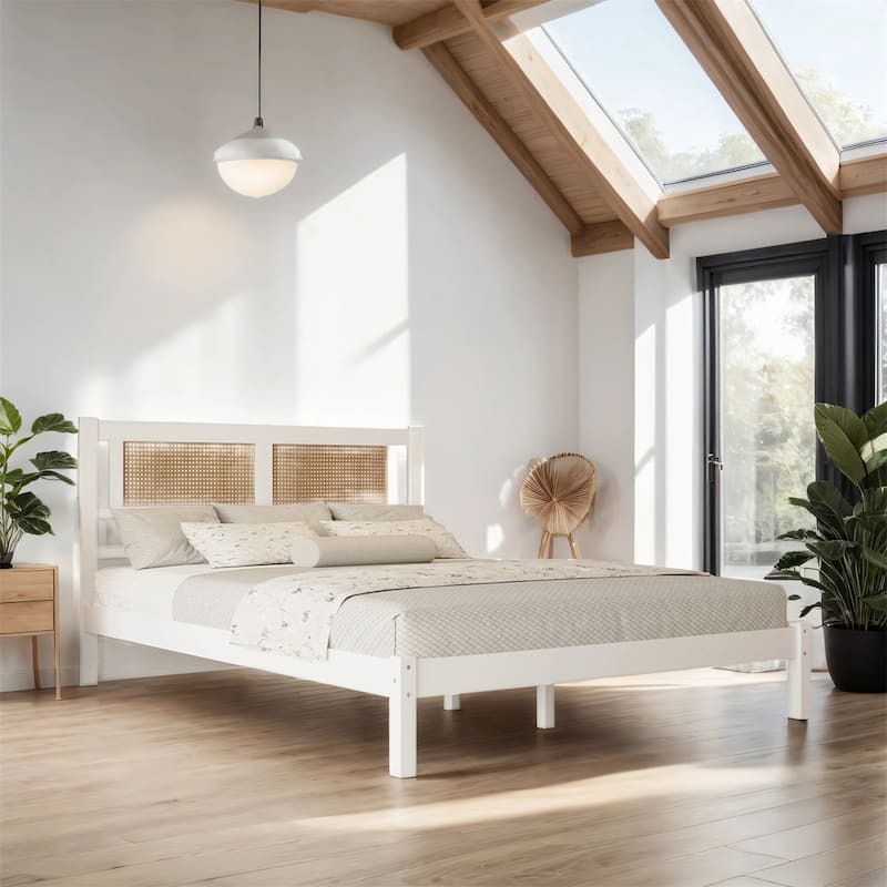 Queen Size Wooden Platform Bed w/ Natural Rattan Headboard,for Bedroom