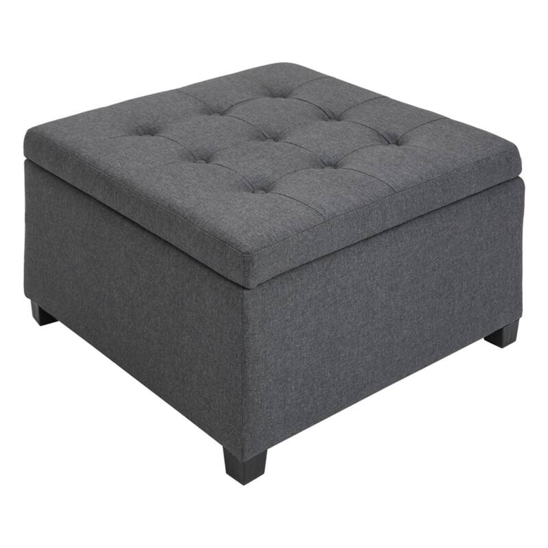 Button-Tufted Storage Ottoman with Flip-Top Seat and Linen-Texture Cushion Wood Frame - Grey