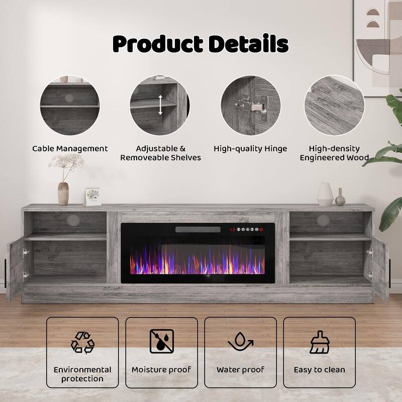 BOSSIN 80" Modern Electric Fireplace TV Stand with 20-Color LED Lights, Fits Up to 90" TV, Adjustable Shelves & Storage Cabinets