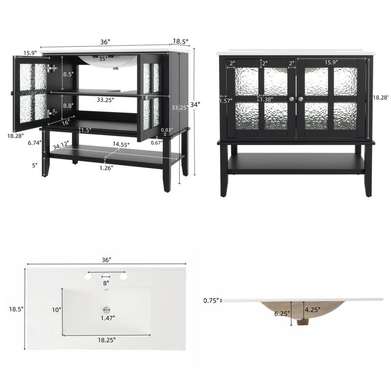 36" Bathroom Vanity with Ceramic Sink, Bathroom Vanity with Adjustable Shelf and Open Shelf, with Solid Wood Legs