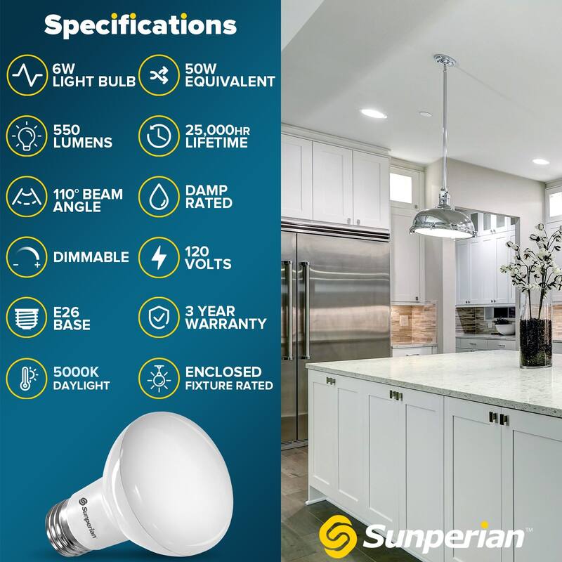 Sunperian 12 Pack BR20 LED Bulb 6W 550lm Dimmable Flood Light Bulbs Enclosed Fixture Rated Damp Rated UL Listed E26 Base