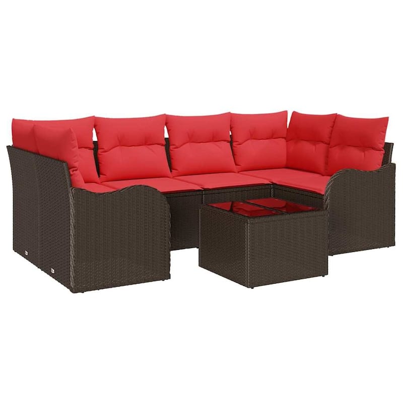 vidaXL 7 Garden Sofa Set with Cushions Black/Brown/Grey Poly Rattan - 92.1 x 48.2 x 27.2