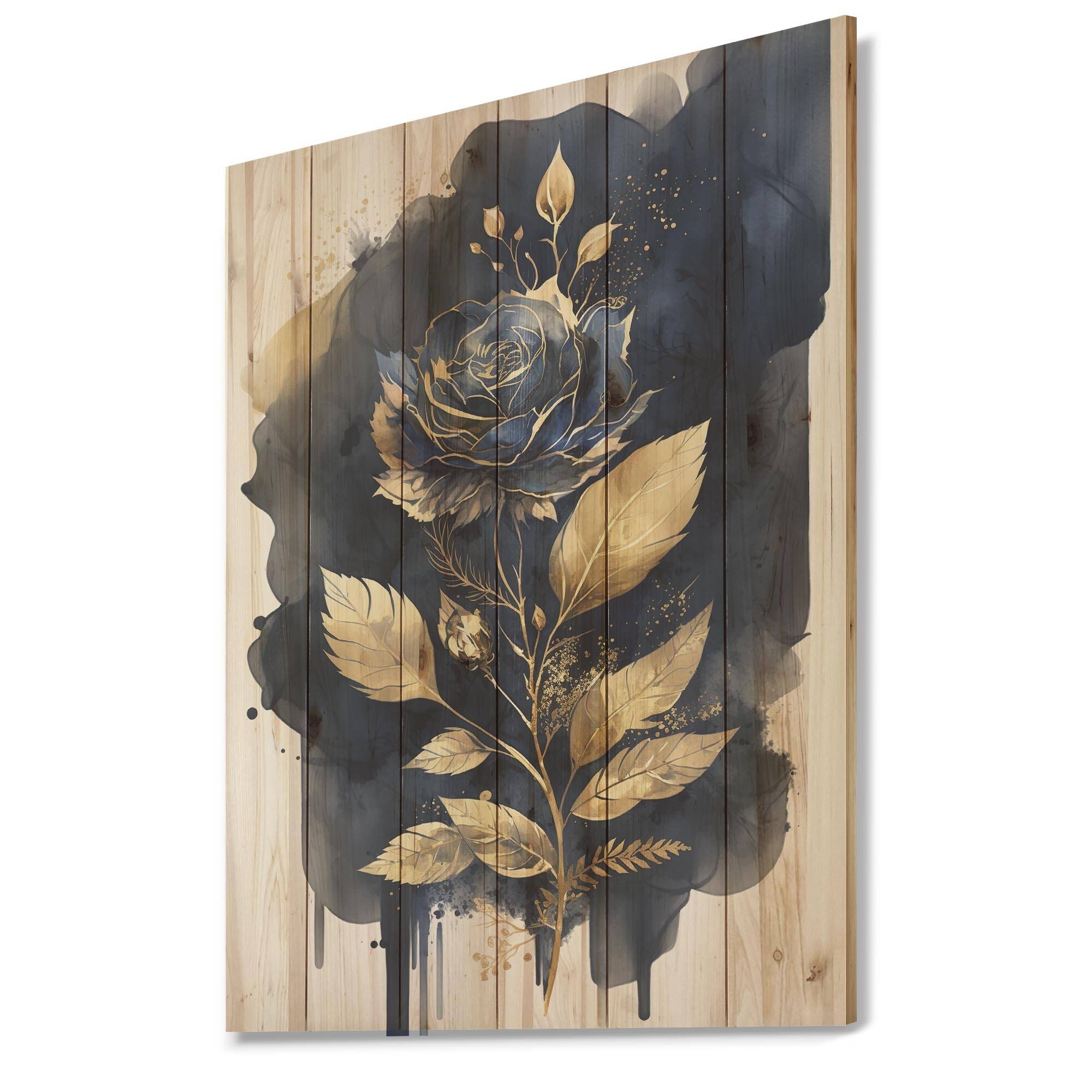 Designart 'Blue And Gold Painted Rose On White III' Floral Rose Wood ...