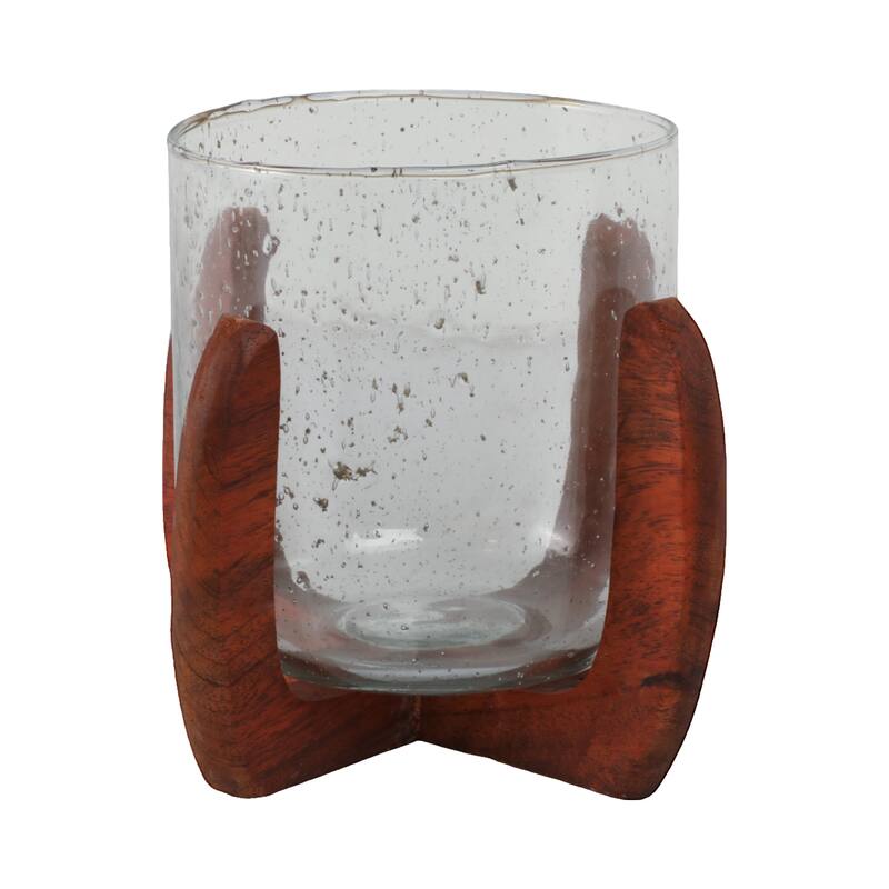 Textured Glass Pillar and Taper Candle Holder with Mango Wood Base