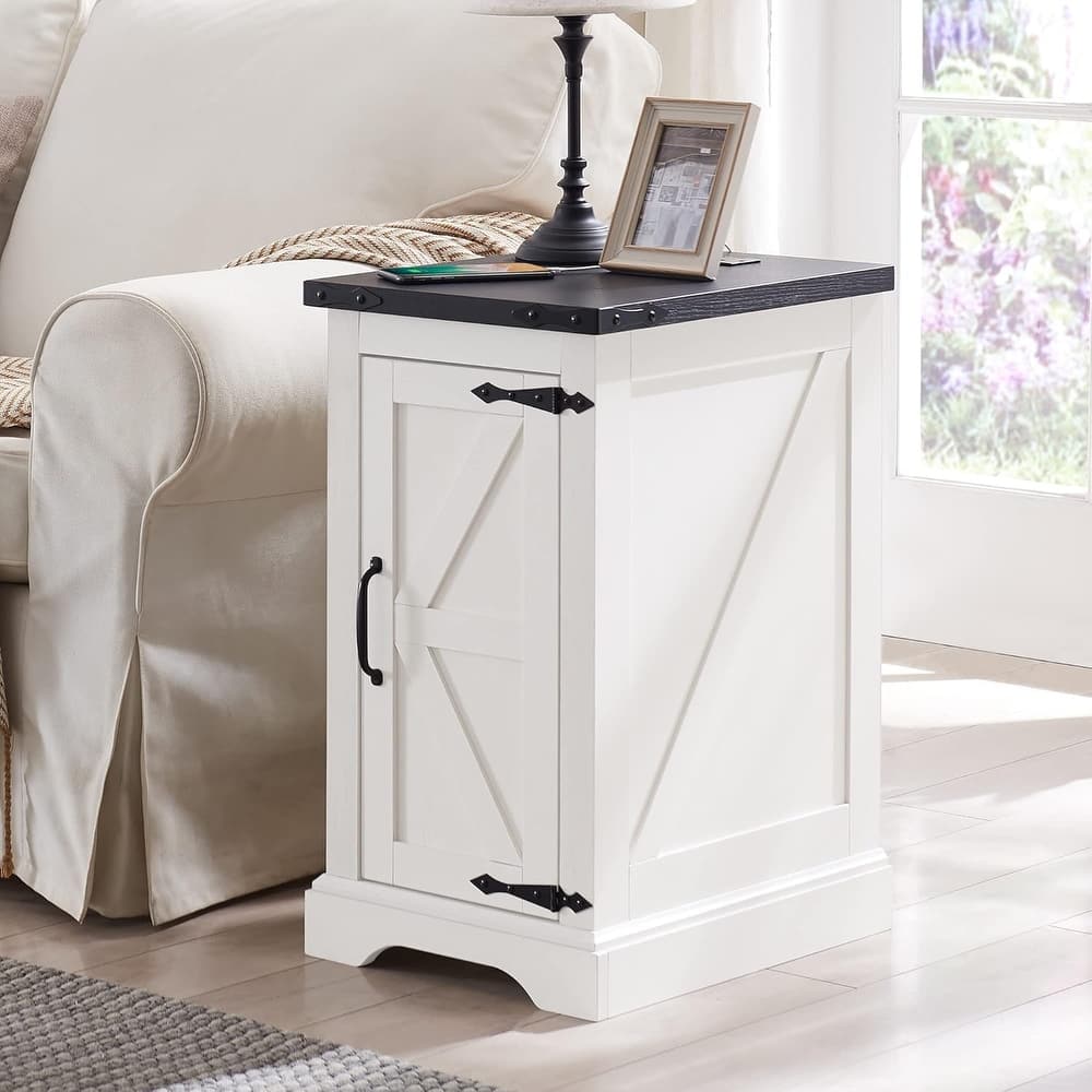 Farmhouse Nightstand with Charging Station, Wood Rectangular End Table