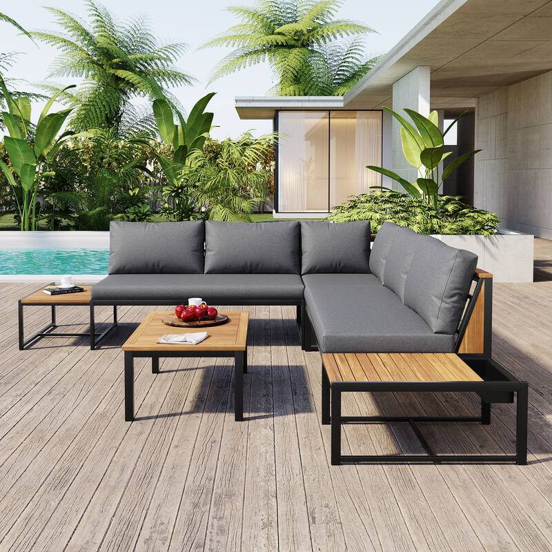 4-Piece Outdoor Sofa Set with Waterproof Cushions, Iron & Acacia Wood Frame, Coffee Table & Pillows Included