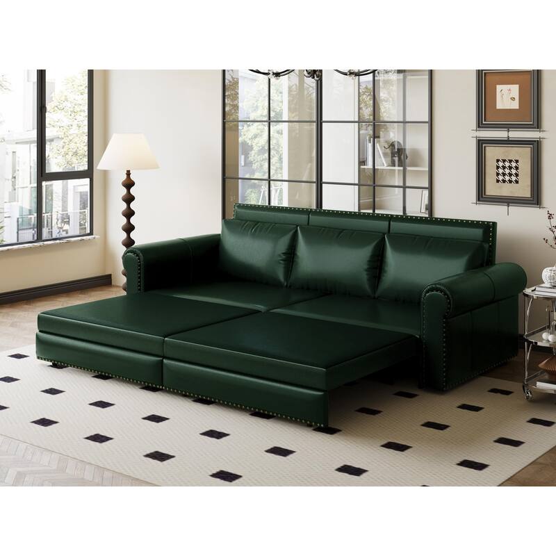 King Pull Out Sofa Bed, 3-in-1 Convertible Leather Sleeper Sofa, Chaise Lounge Daybed with Nailhead Trim & Rolled Arm