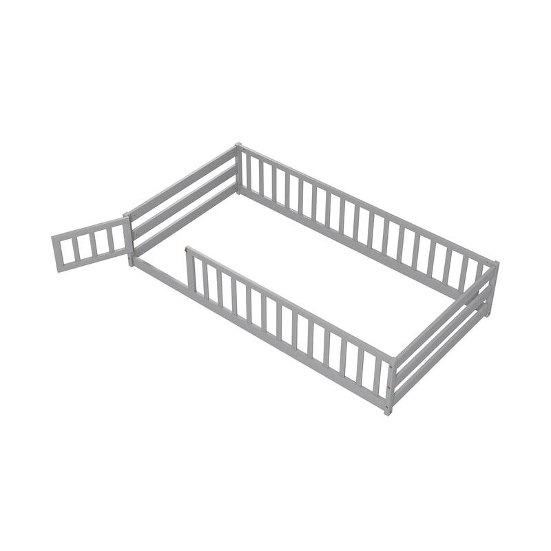 Twin Size Kids Wood Montessori Floor Bed with Door and Fence - Grey